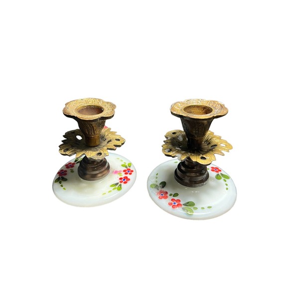 Set Of 2 Vintage Brass Milk Glass Hand-painted Floral Art Deco Candlestick - Picture 5 of 5